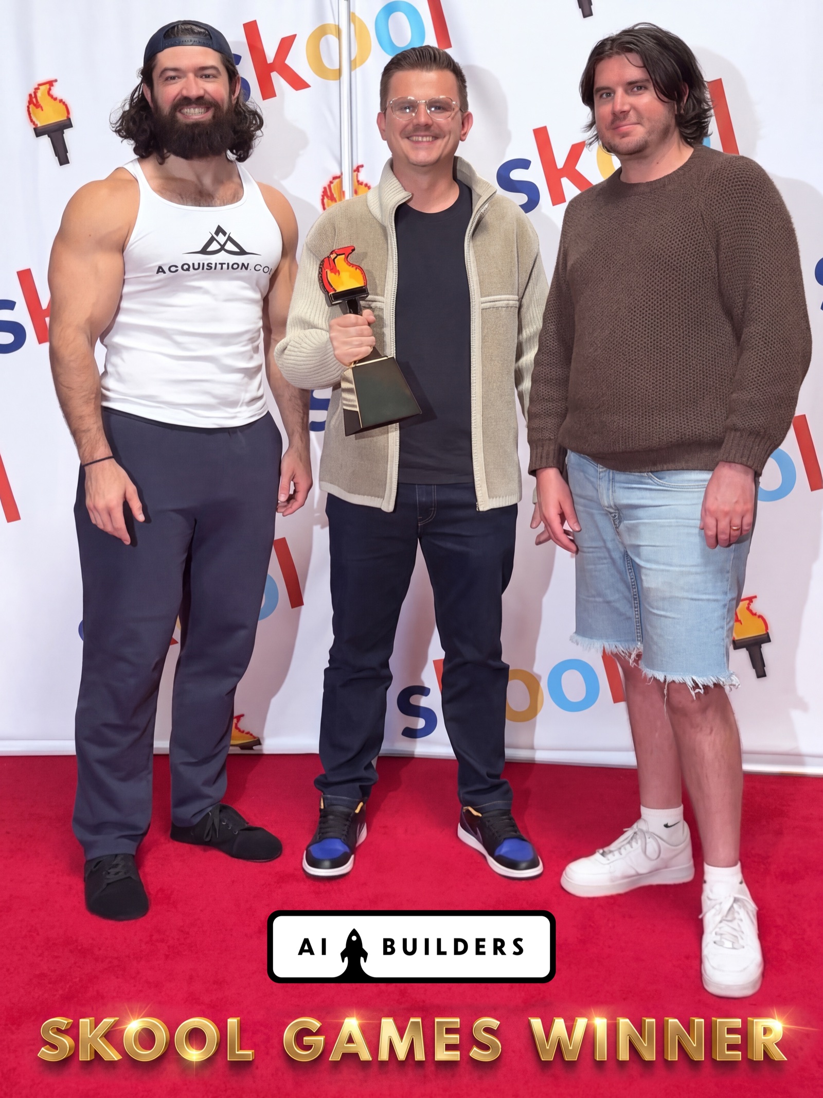 Marcin Teodoru and fellow builders celebrating an AI Builders win at the Skool Games